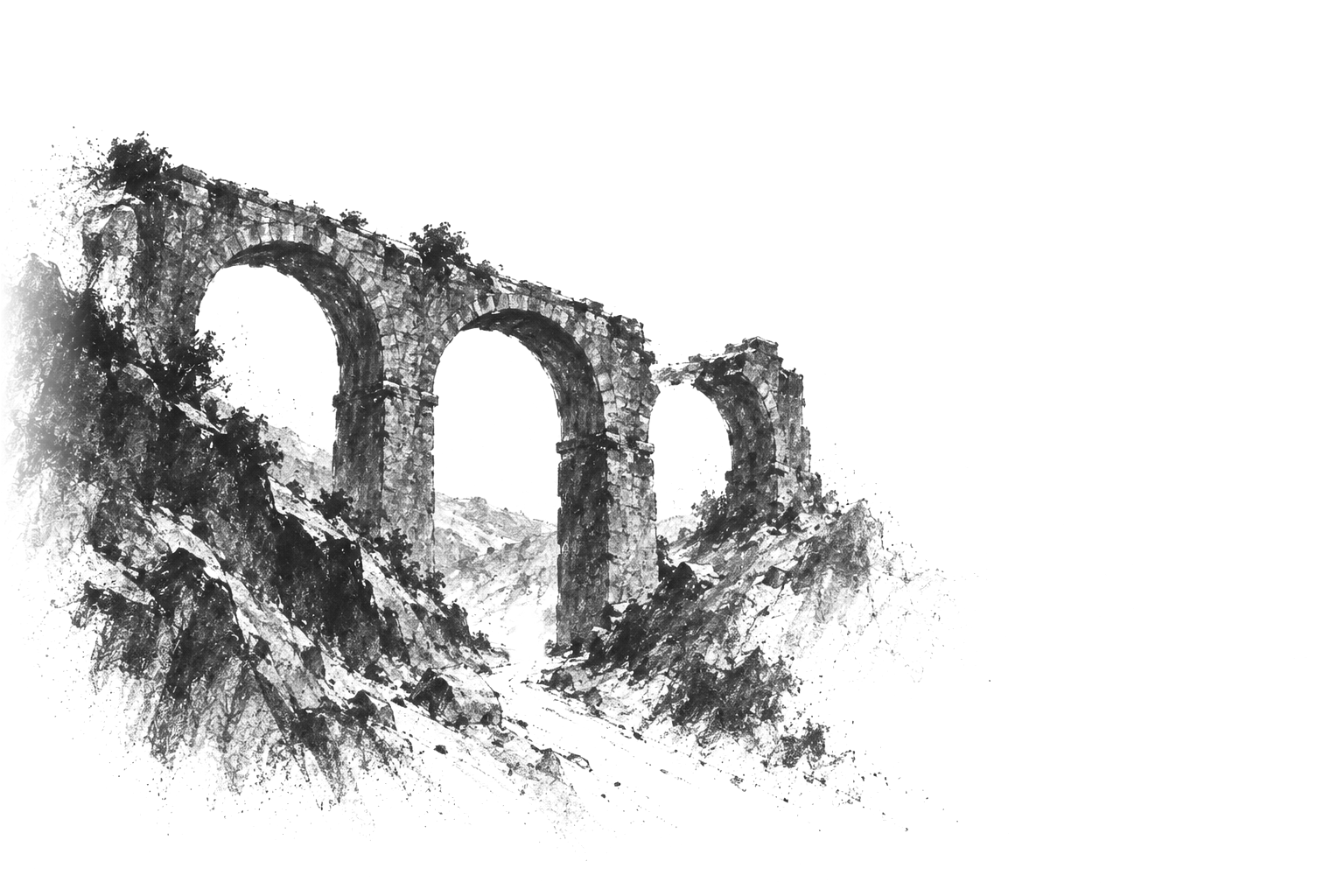 Charcoal drawing: a ruined aqueduct with three arches
