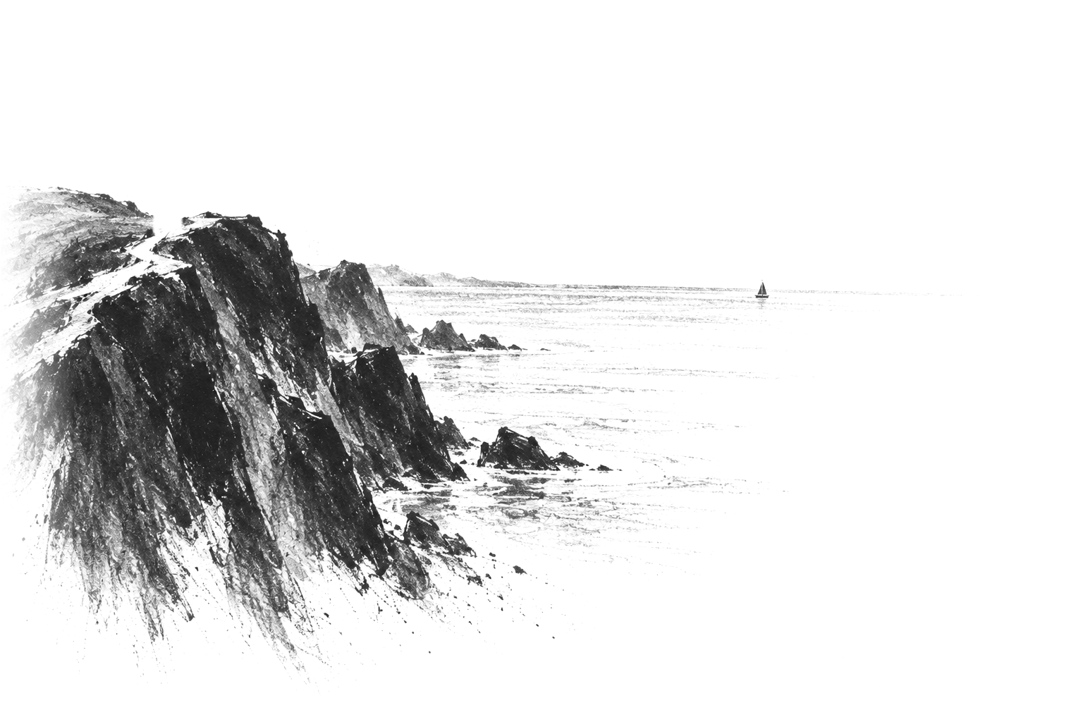 Charcoal drawing: a cliff above the sea, a small boat on the horizon