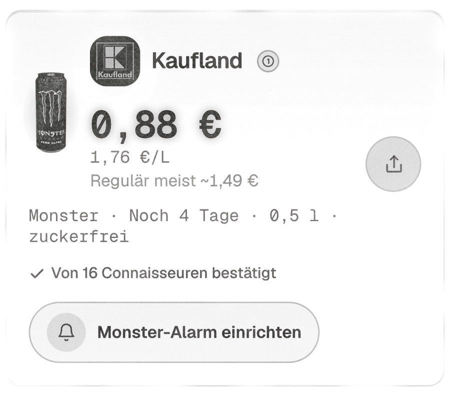 Charcoal print of a deal card: Monster for 0,88 € at Kaufland