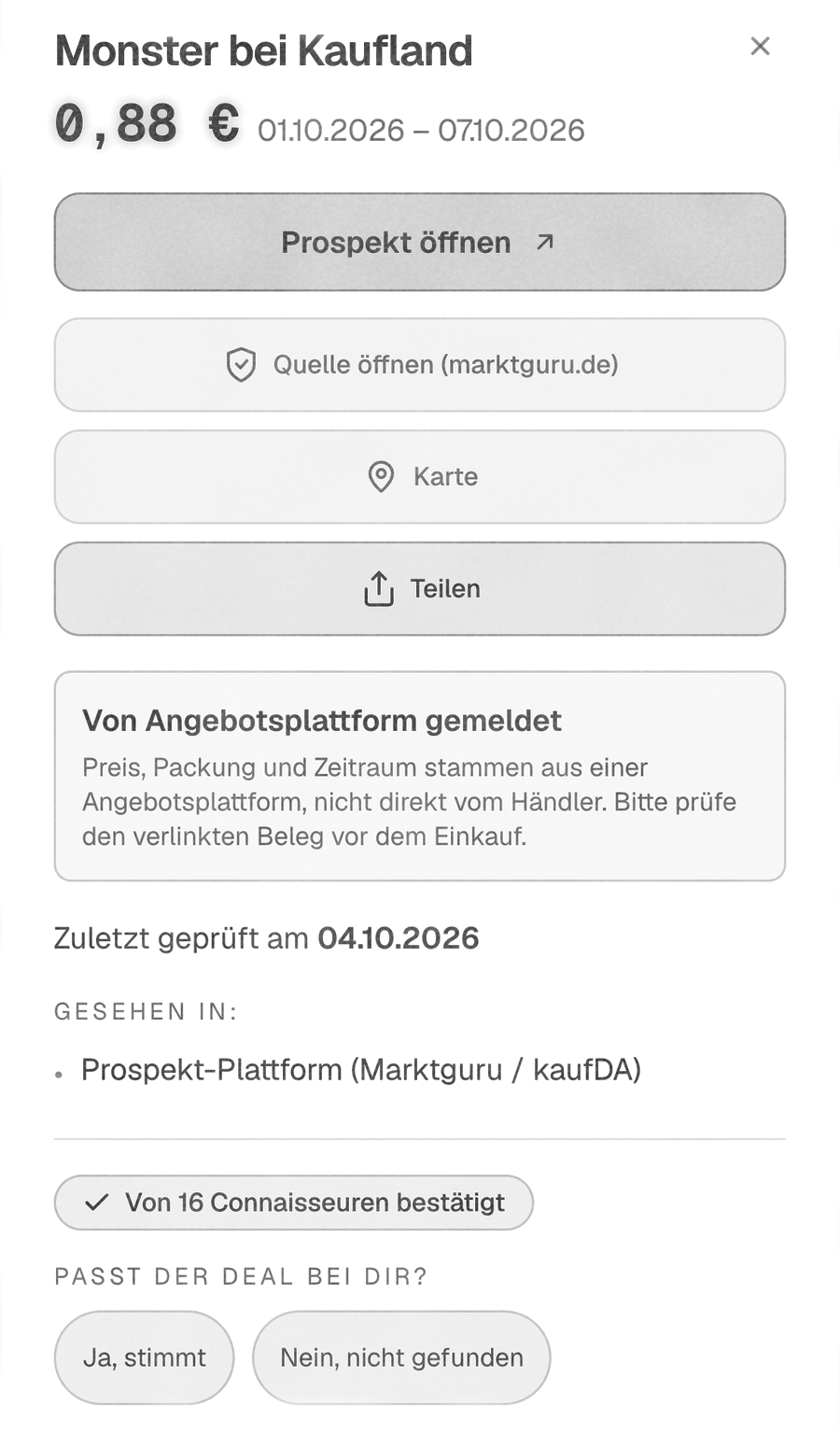 Charcoal print of the detail sheet for Monster at Kaufland: the leaflet link, the source, the date of the last check and a confirmation by 16 people
