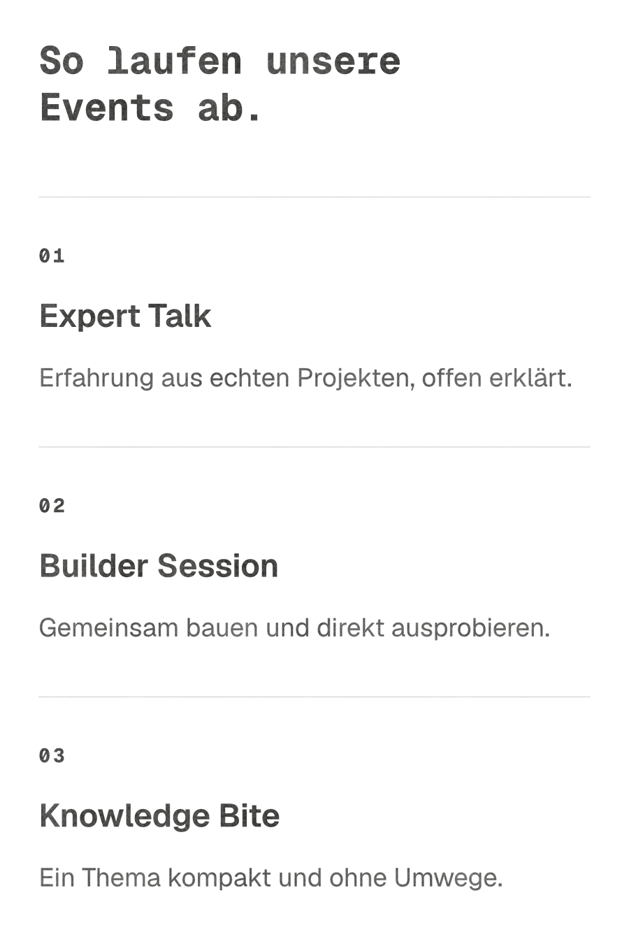 Charcoal print of the three event formats: Expert Talk, Builder Session and Knowledge Bite