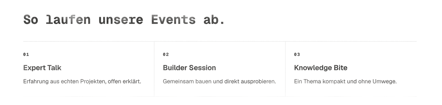 Charcoal print of the three event formats: Expert Talk, Builder Session and Knowledge Bite