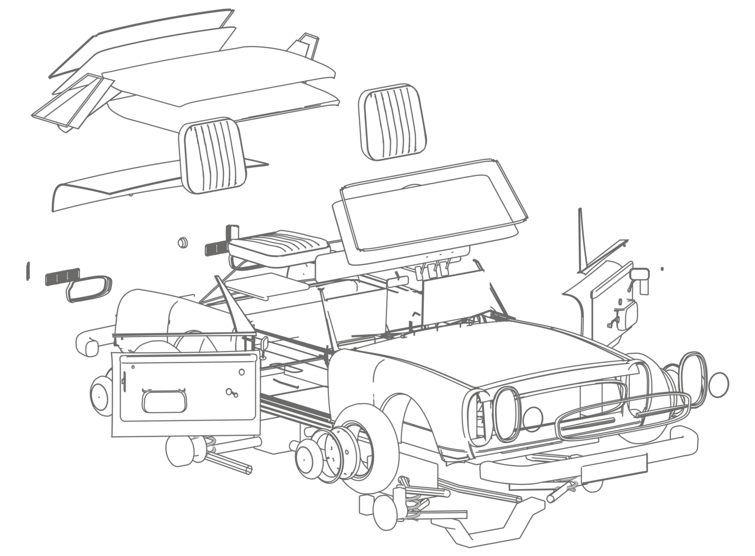 Line drawing of the Pagode with its interior pulled apart: seats, dashboard, carpets and soft top floating around the body