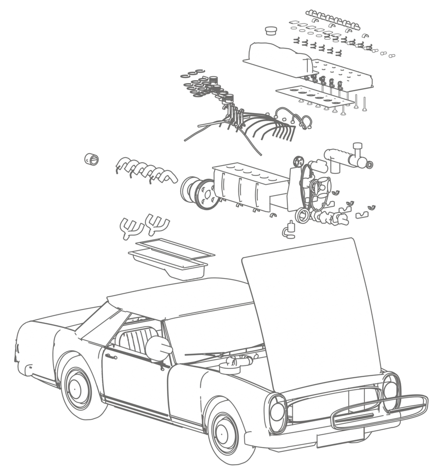 Line drawing of the Pagode with the bonnet open and engine parts floating above it